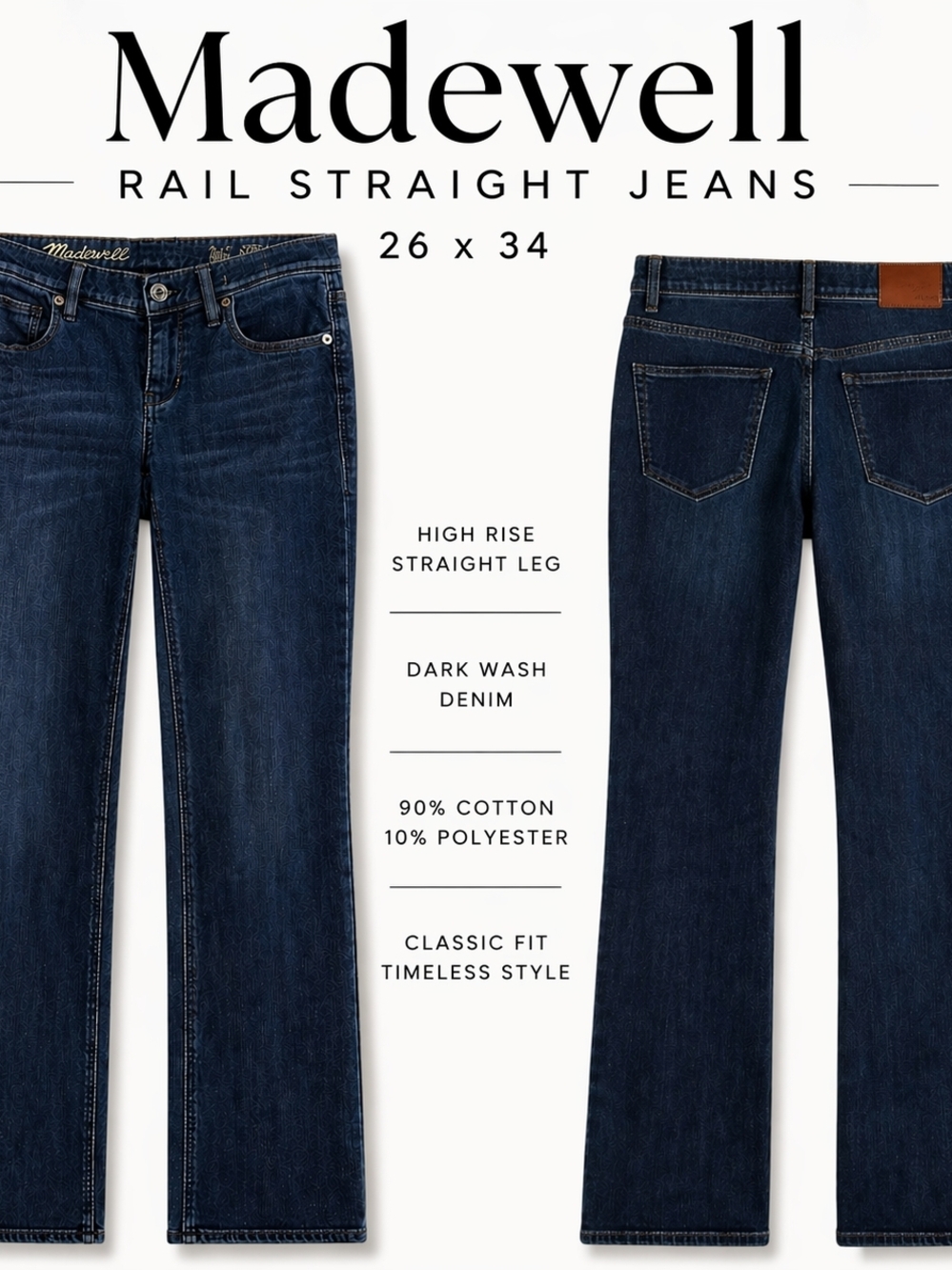 Madewell Rail Straight Jeans 26x34 Dark Wash High Rise Straight Leg Denim